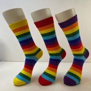 Unisex Crew Socks Set 3 Rainbow Stripes Yellow Red Blue Green Orange Brown
